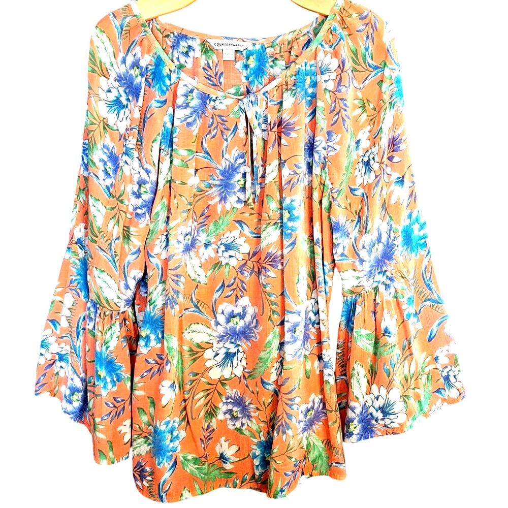 Counterparts Multicolor Coral and Blue Peasant Top Size L with Bell Sleeves